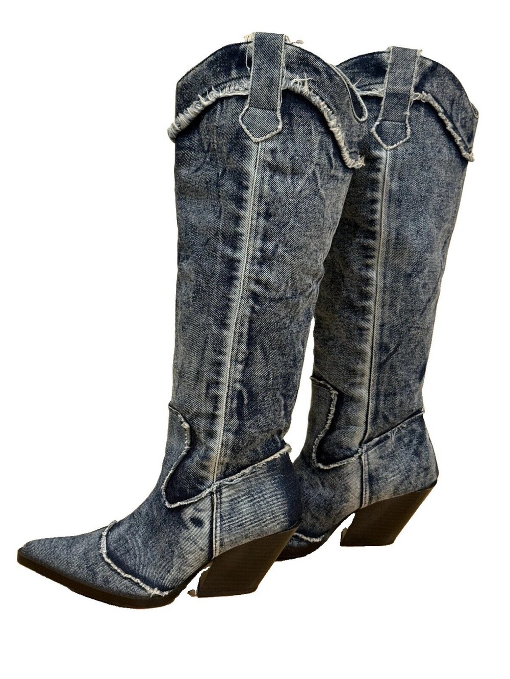 ZARA Denim Boots Womens 7.5 EU 38 Blue Frayed Western Pointed Toe 3051/210